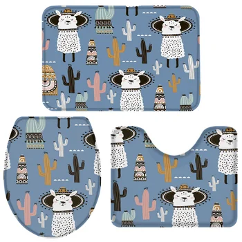 

3 Pieces Bathroom Set Nordic Cactus Alpaca Cartoon Bath Set Toilet Cover Mat Pedestal Rug Non-Slip Bathroom Rug Set