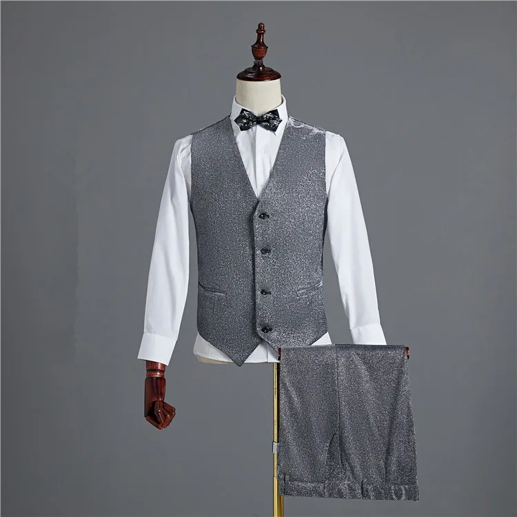 Jacket+Vest+Pants) 3-Pieces Formal Men's Suits Gold Bright Silk Blazers Male Singer Prom Stage Show Suit Groom Wedding Dress