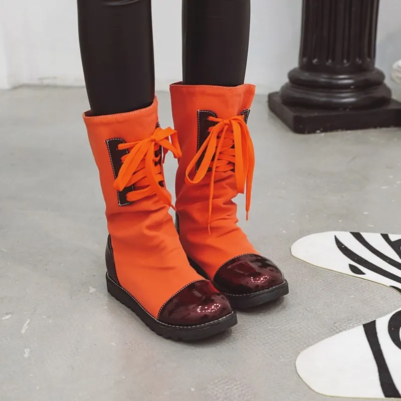 Женские ботинки до середины икры; chaussure boots; низкий каблук; на шнуровке; сезон осень; увеличивающая рост обувь; женская обувь; zapatos mujer sapato; H441
