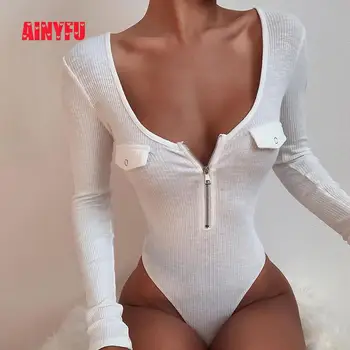

Sexy V- Neck Long Sleeve Bodysuit Womens Zipper Ribbed Solid Autumn Skinny Rompers Ladies Casual Slim Bodysuits Femme C118