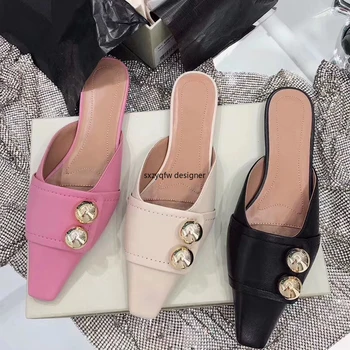 

Metal Button Colorful Leather Slippers Women Solid Square Toe Flat Mules Luxury Brand Outdoor Fashion Design Summer Bed Slippers