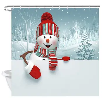 

Happy New Year Shower Curtain, 3D Cartoon Happy Snowman Bathroom Curtain, Polyester Fabric Bath Curtains Set with Hookses