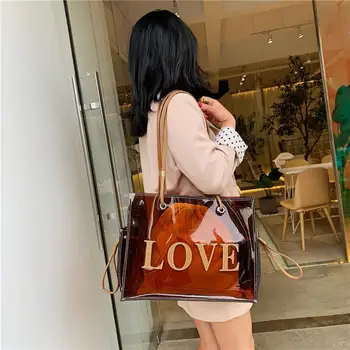 

2020 Fashion LOVE Women Shoulder Bag Korean Style Wild Tote Bag Large Capacity Transparent Messenger Bags