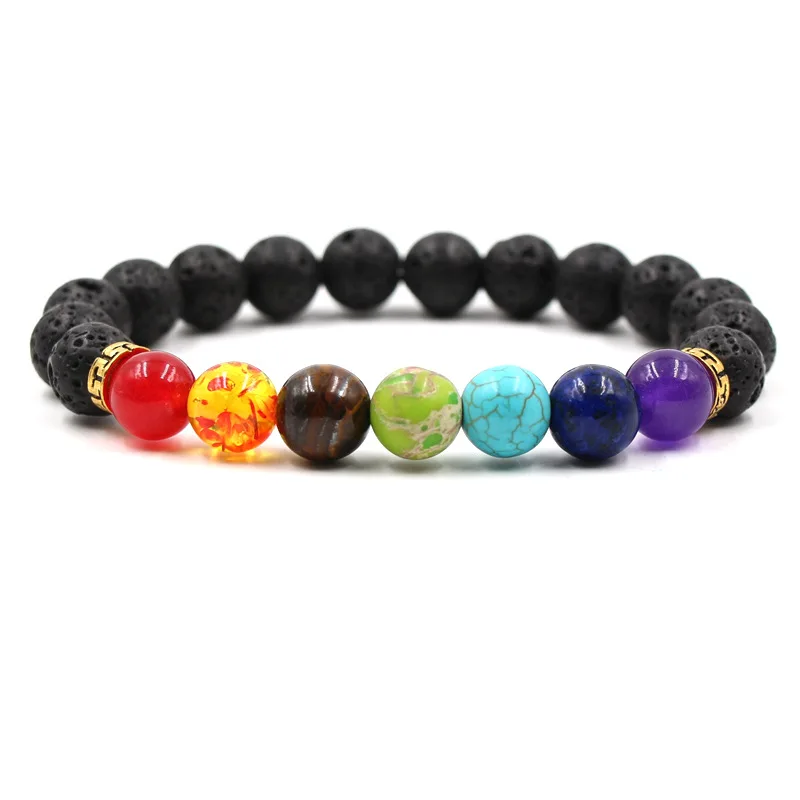 

Fashion Gold Metal Spacer 10mm Natural Stone Malachite Seven Chakra Single Loop Elastic String Bead Bracelet For Women Jewelry