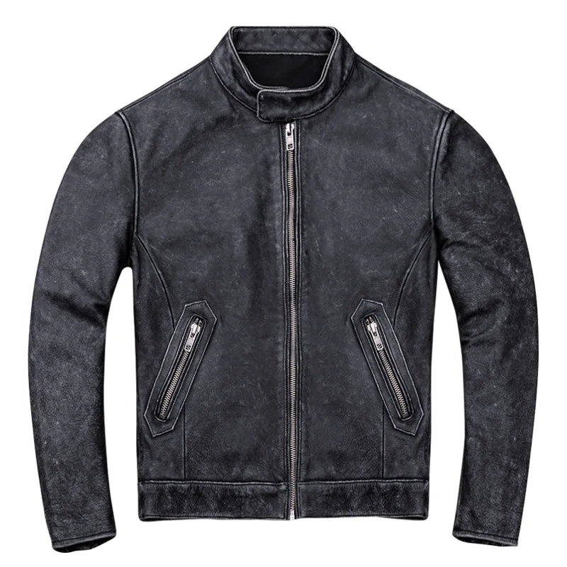 

2019 Vintage Men's Black Motorcycle Leather Jacket Plus Size XXXXL Genuine Cowhide Slim fit Leather Coat for Male