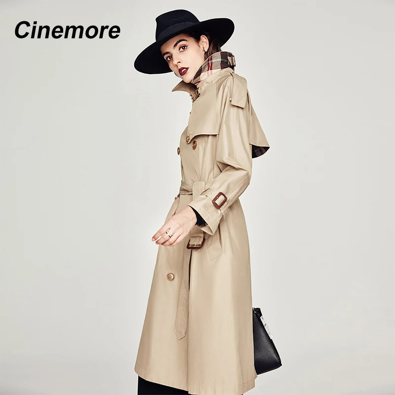 CINEMORE 2020 Женский длинный двубортный тренчкот из хлопка водонепроницаемый