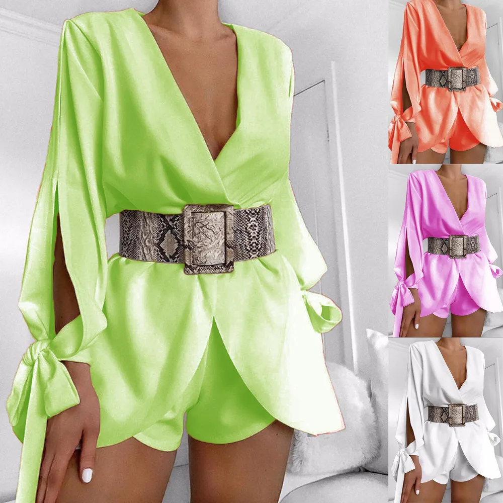 Elegant Women Bowknot Playsuits Rompers Long Sleeve Tunic Jumpsuits Hollow Out Deep V Neck Jumpsuit Playsuit Party Clubwear