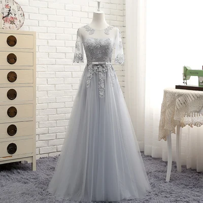 Light grey length MNZ~ M808# круглый рукав вышивка кружево Весна Новые вечерние платье средней длины короткий стиль розовое платье подружки невесты - Цвет: Light grey length