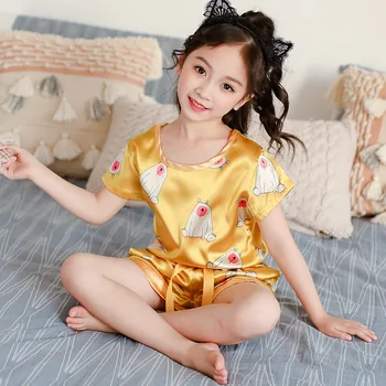 

Satin Children Home Clothing 2020 Summer New Boys And Girls Clothing Pajamas Suit Print Homewear Sleep Set Silky Nightgown