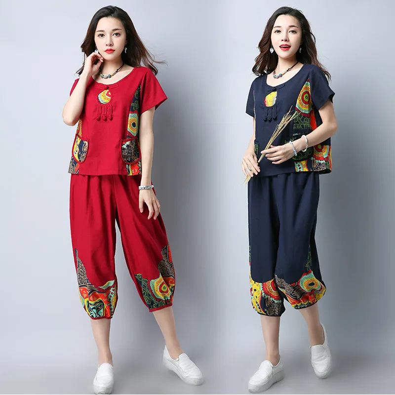 

Photo Shoot 2019 New Style Ethnic-Style Summer Short-sleeved Retro Frog Loose And Plus-sized Fashion Cotton Linen Set