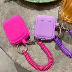 Case For Airpods 1/2/3 Silicone Solid Color Protective Earphone Cover For Apple Air Pods Pro 2 with Spring Fexible Chain Keyring