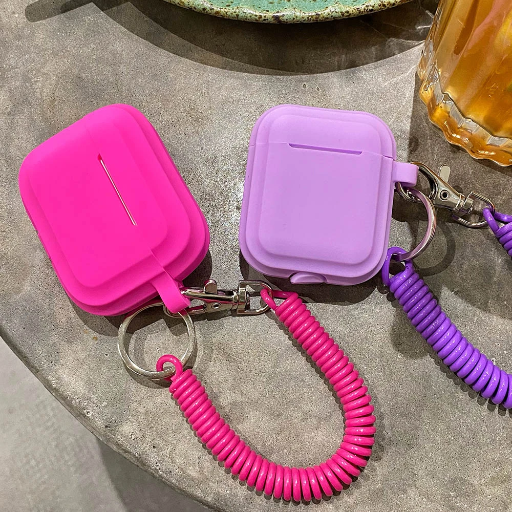  Case For Airpods 1/2/3 Silicone Solid Color Protective Earphone Cover For Apple Air Pods Pro 2 with Spring Fexible Chain Keyring 