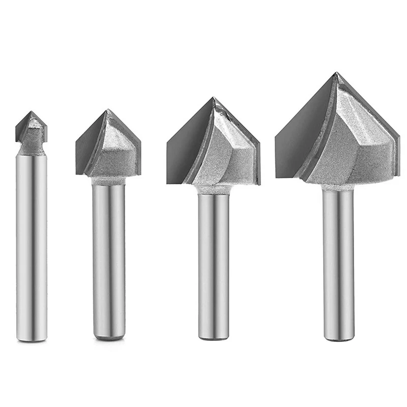 

4Pcs 90-Degree V Groove Router Bit, Titanium Coated Carbide-Tipped 2-Flute Cnc Engraving Bit Woodworking Chamfer Bevel Cutter, 1