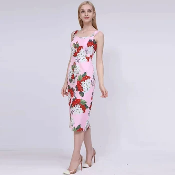 

Custom Plus Size 5xl New summer printed floral dress women's camisole pink slim slim girl dress women dress