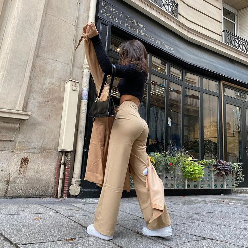 QuanRun-pantalones de cintura alta para mujer, pantalón largo plisado informal, ajustado, de calle, para fiesta y Club, color liso, 2021