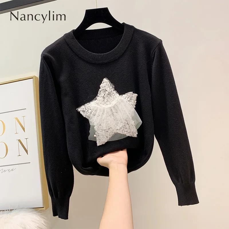 

Women's Knitted Sweaters Autumn New Star Patch Long Sleeve Top Pullovers Temperament Round Neck Sweater Lady Jumpers Jacket