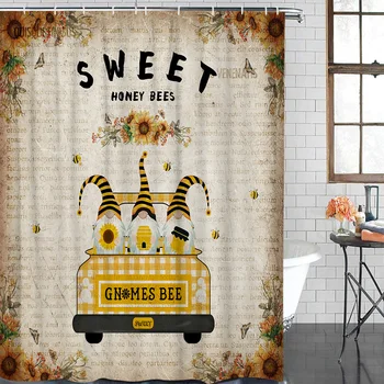 

Bee Gnome Sunflower Retro Truck Bathroom Shower Curtain Modern Household Shower Curtain