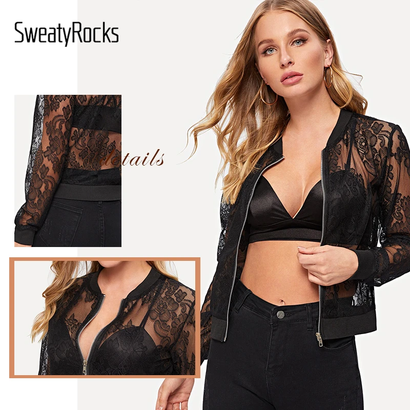 SweatyRocks черная Прозрачная Кружевная куртка на молнии уличная женская сексуальная куртка-бомбер Весенняя повседневная одежда для активного отдыха пальто