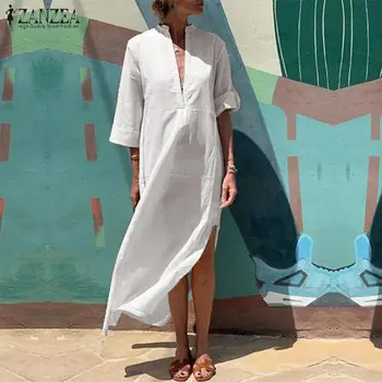 

ZANZEA Summer Women V neck 3/4 Sleeve Long Dress Sexy High Split Hem Sundress Kaftan Casual Party Vestido Dresses Robe Femme 7