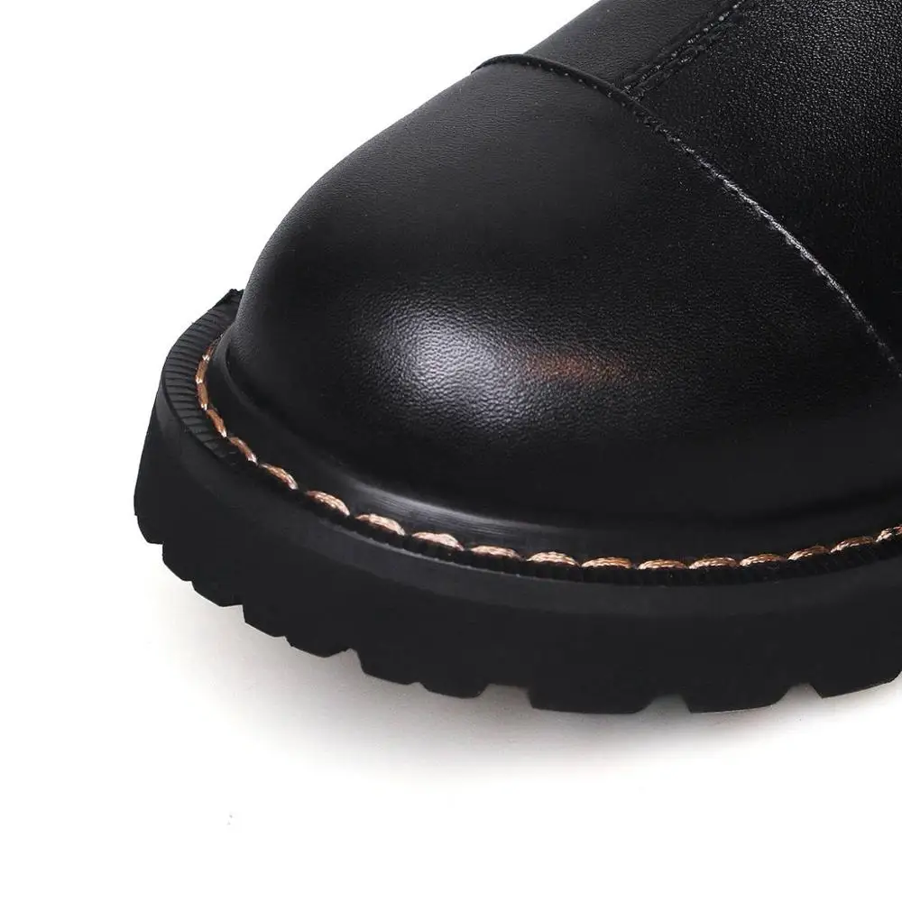 Lenkisen motorcycle boots stretch fabric cow leather med heels round toe lace up rivets winter keep warm knee high boots L0f1