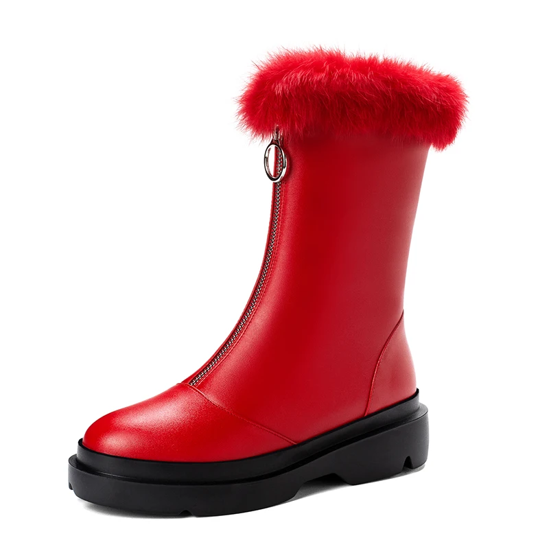 Gdgydh Long Plush Inside Leather PU Snow Boots Plush Boots Women Warm Natural Fur Winter Boots Female With Zipper High Quality - Цвет: red