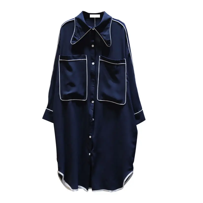 dark blue TVVOVVIN, женская блузка с разрезом, корейская мода, однобортная, из кусков,, осенняя, элегантная, с карманами, повседневный стиль, рубашка, D270 - Цвет: dark blue