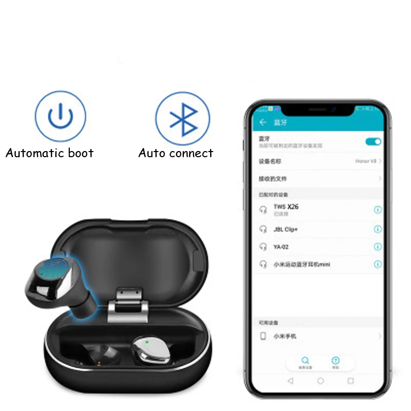 TWS X26 Bluetooth наушники 5,0 True Беспроводной наушники Смарт Водонепроницаемый стерео Hi-Fi с зарядный чехол 10 мм Титан пленка