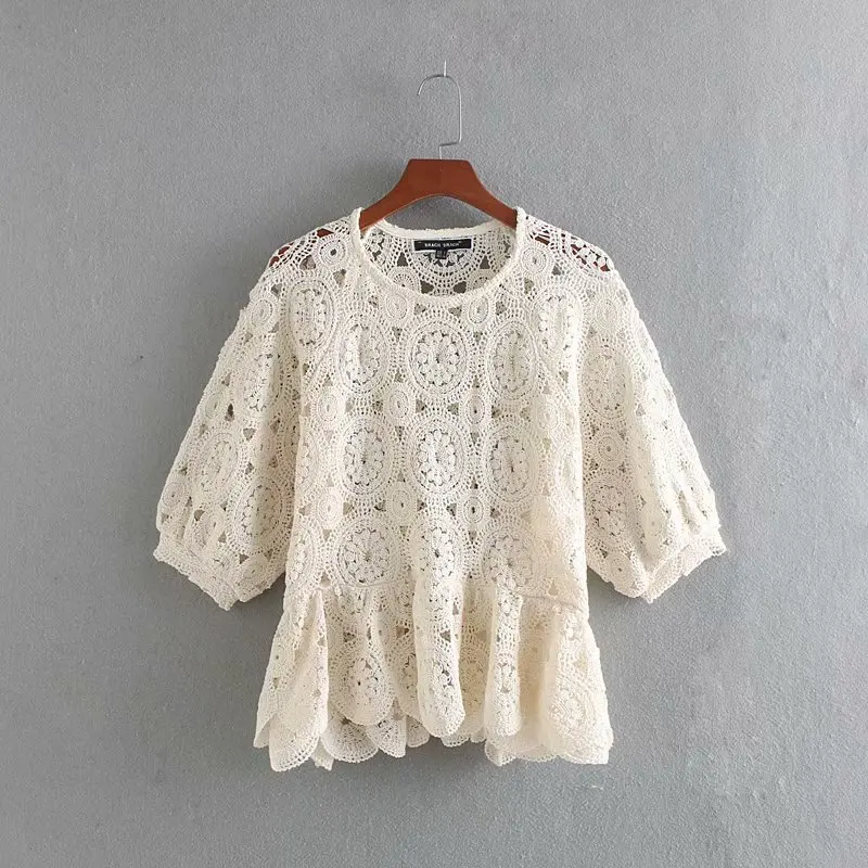 

vintage women hollow out lace shirts 2019 fashion ladies ruffles hem floral blouses female sweet tops femme girls clothes chic