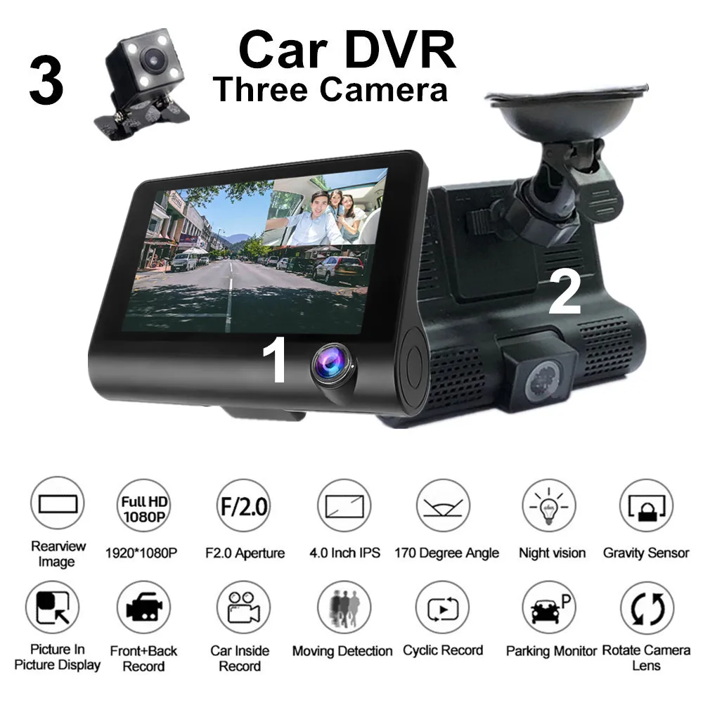 4'' HD 1080P 3 Lens Car DVR Dash Cam Vehicle Video Recorder Rearview Camera USA 