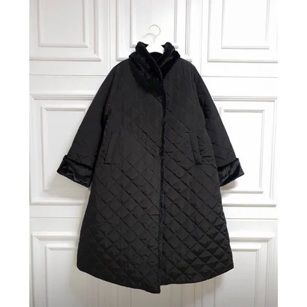 Черный RUGOD New Winter Women Thick Cutton Coat Velvet Turn-down Collar Diamond Block Lattice Warm Long Jacket French Elegant Coat - Цвет: Черный