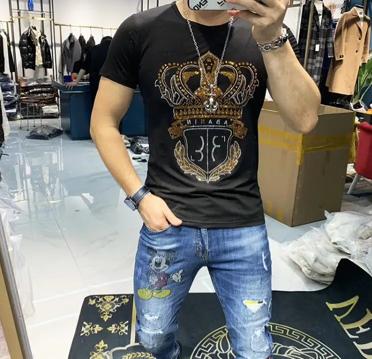 2020 new Rhinestones top quality T Shirts Mens Fashion Clothing Streetwear  Short Sleeve O Neck 100% Cotton