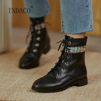 

2020 New Autumn Shoes Women Boots Winter Leather Mixed Colors Warm Ankle Boots For Women Lace Up Martins Boots White Plus Size