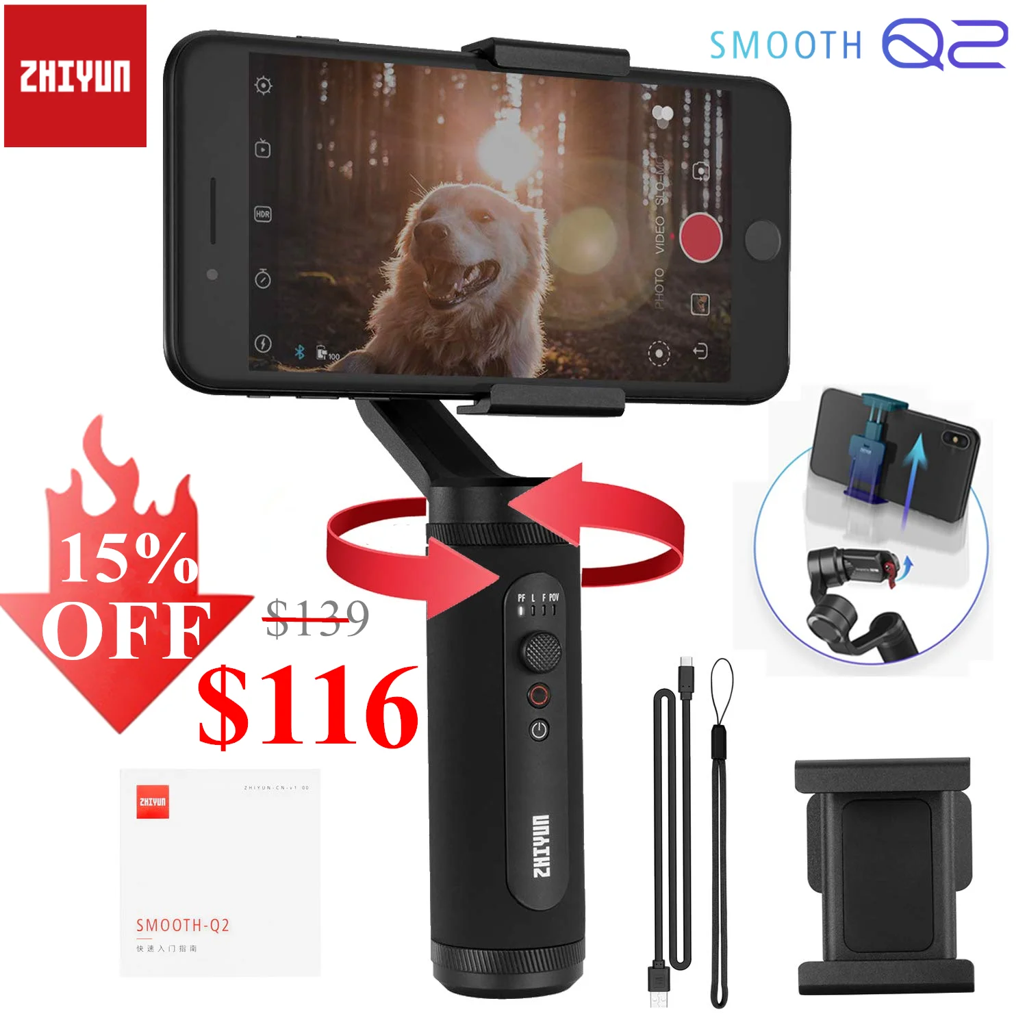 Zhiyun Smooth Q2 3-Axis Smartphone Handheld Gimbal Stabilizer Small Pocket Size 360 Degree Rotation for Phone 11 Pro Max S10 9
