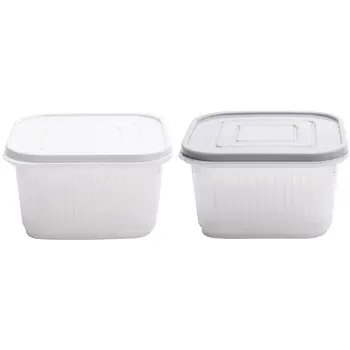 

2 set Kitchen Storage Box Refrigerator Fruit Portable Square Freshness Preservation Drain Seal Box - White & Gray
