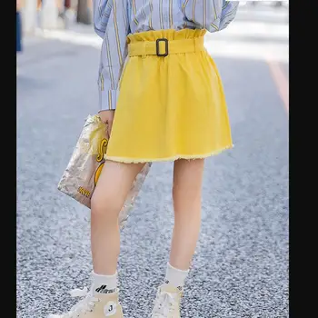 

Summer new yellow skirts children high waist denim skirts teenage belt clothes kids fashion skirts 4-14Y ws1488