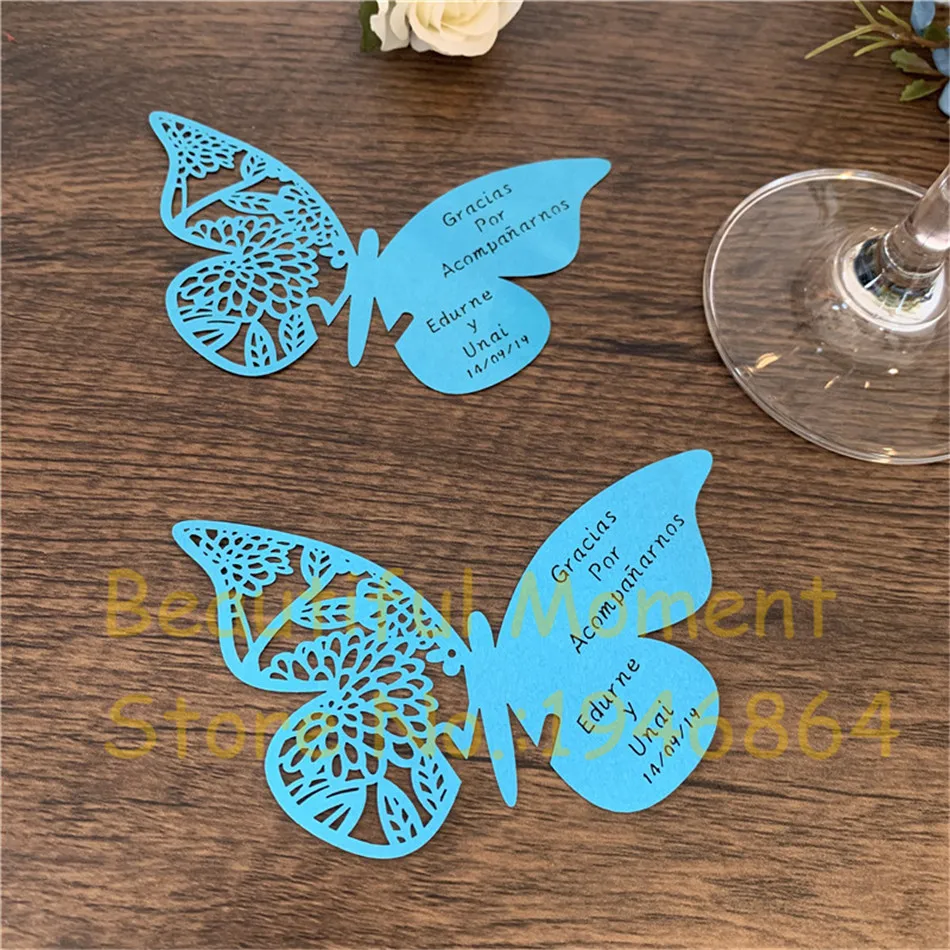 50/100 pcs Table Mark Butterfly Name Wine Glass Place Cards Wedding Party Favor 