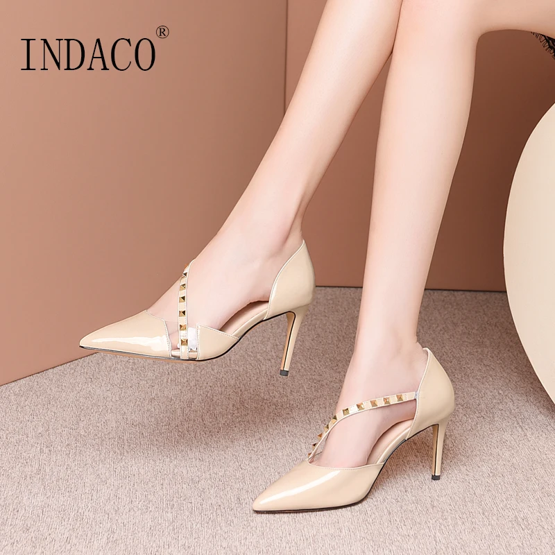 

Ankle Strap Spring Summer Leather High Heel Sandals Rivets Pointed Toe 8cm 2020 New