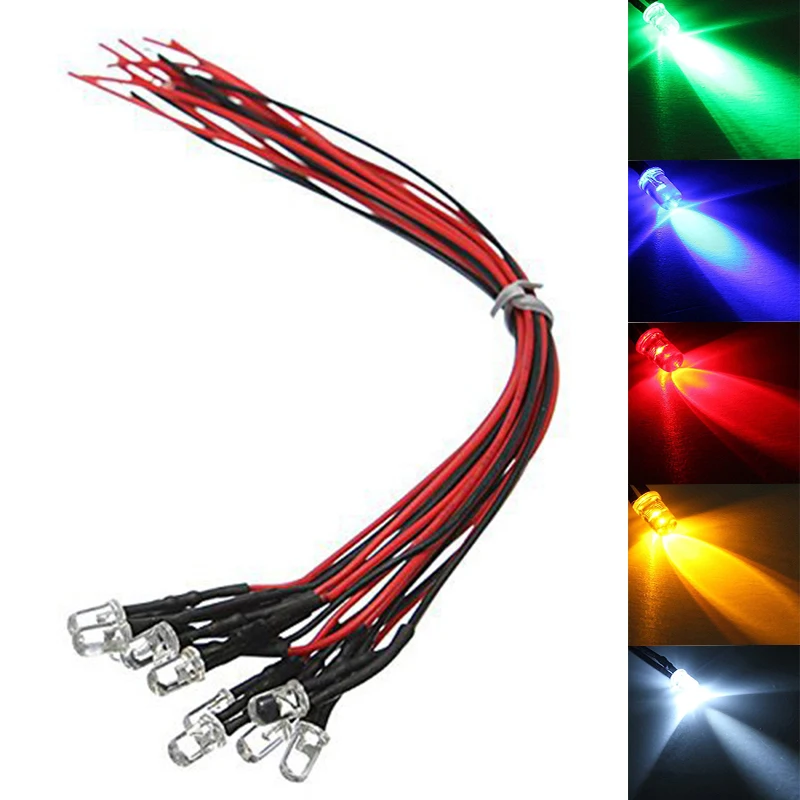 Holder Light Emitter Line Wire 12V 3mm Clear Cold White LED Diode 20cm Cable