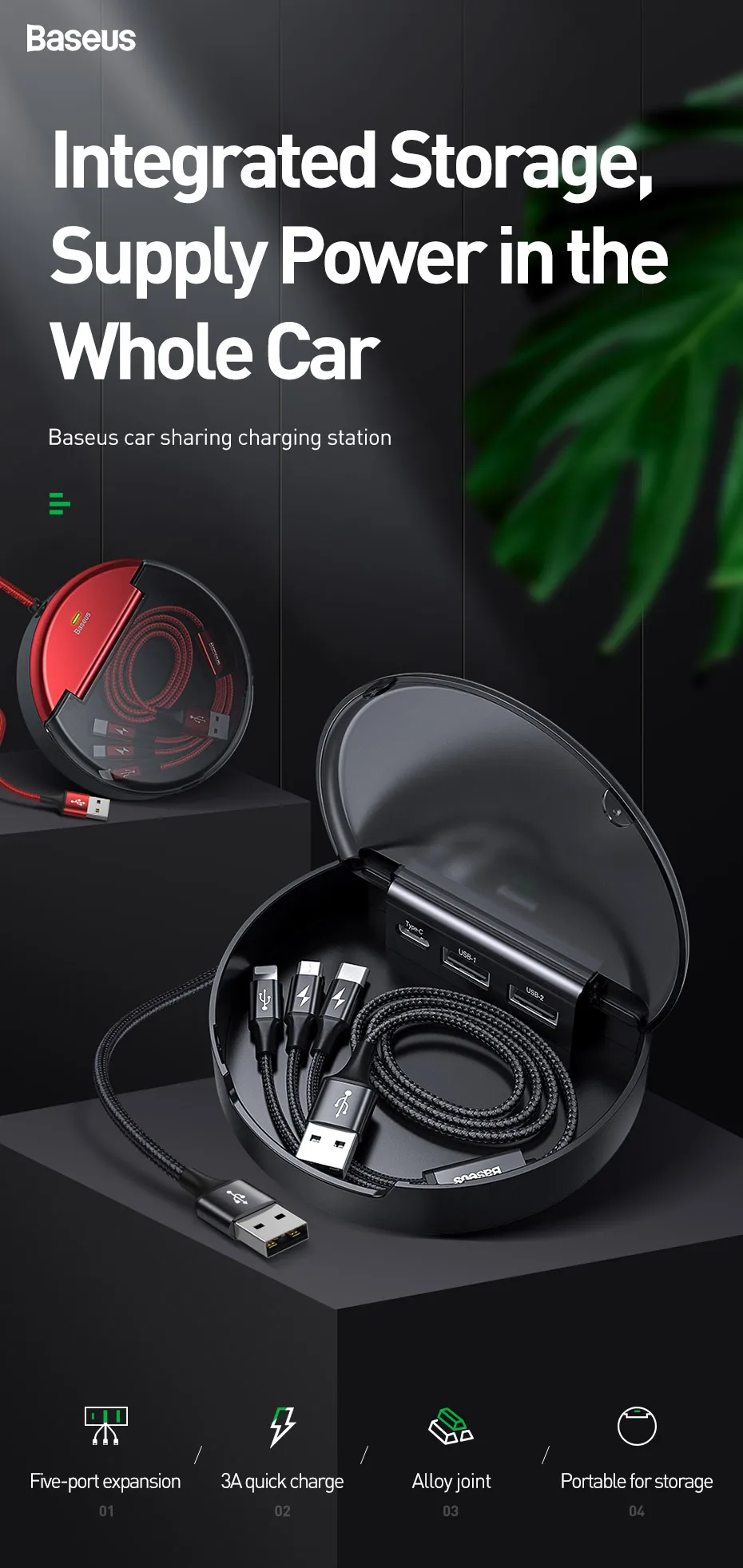 Baseus USB-type-C двойной USB порт Автомобильный Кабель Органайзер 3 в 1 USB кабель для huawei iPhone 6 7 8Plus XS MAX samsung s9 USB провод