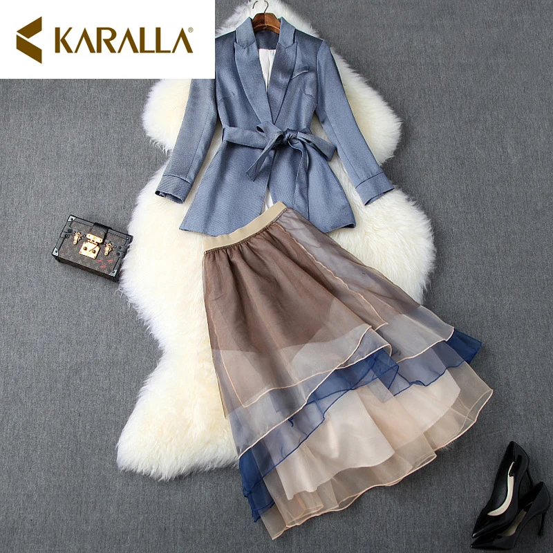 

Skirt Suits OL 2019 Women Autumn New Lace-up Waist With Bow Small Blazer Jacket + Elastic Waist Organza Cake Skirt Sets Female