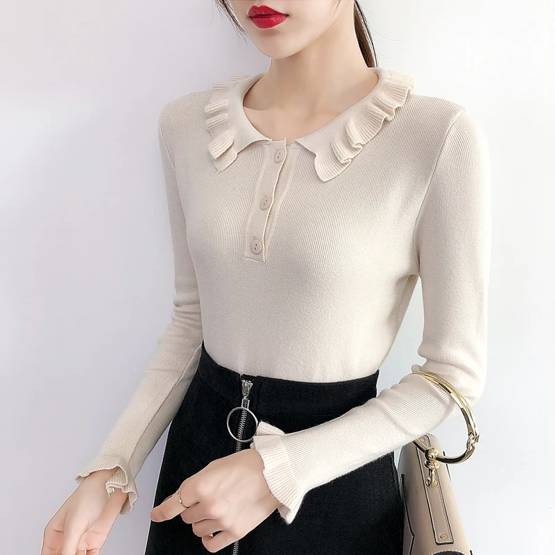 2019 Women Flare Sleeve Ruffles Sweaters Winter elastic Slim Ladies knit Soft Pullovers female Tops fashion jumpers cardigan for women