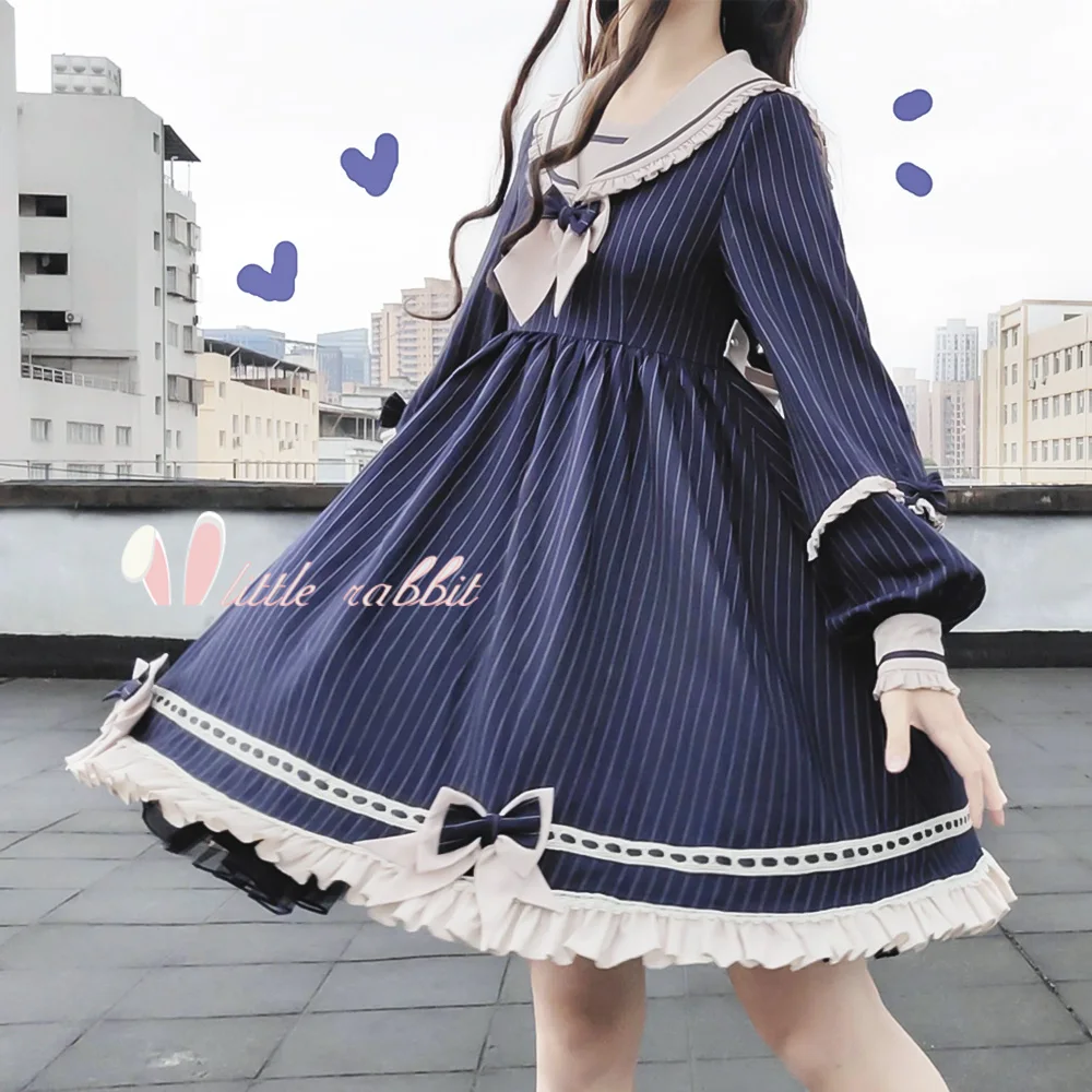 Платье Лолиты Kawaii платье лолиты с матросским воротником длинным рукавом бантом