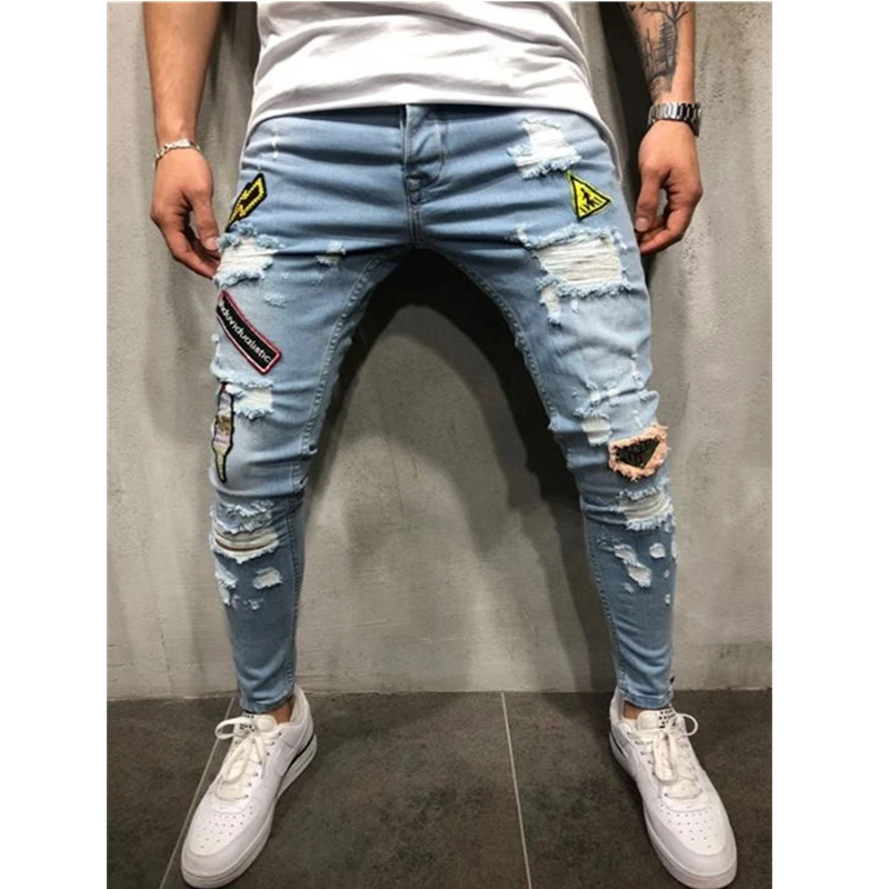 3 вида стилей, мужские рваные обтягивающие байкерские джинсы, рваные потертые джинсы с вышивкой, облегающие джинсовые штаны, джинсы размера плюс 3XL - Цвет: light blue