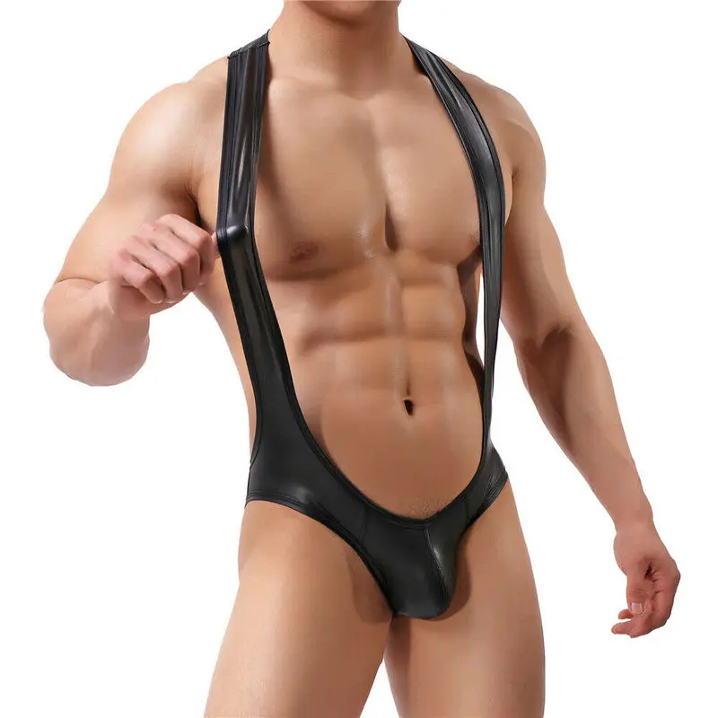 

Sexy Men Undershirt Jockstrap PU Leather Bodysuit Leotard Wrestling Singlet Jumpsuit Backless Clubwear Bugle Pouch Gay Underwear