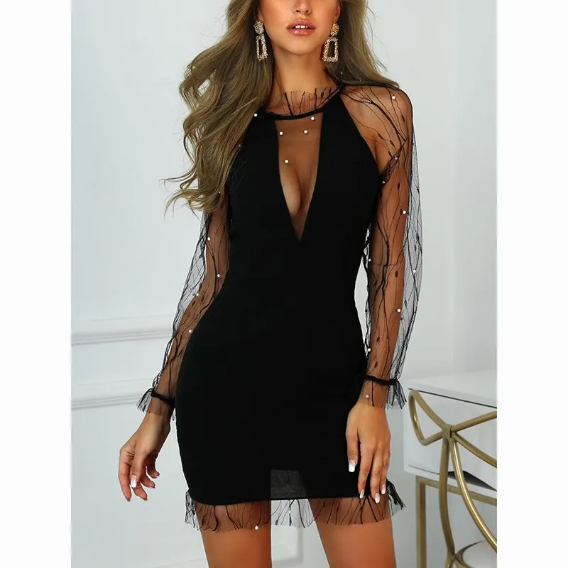 Billige Sommer Weibliche Schwarz Sehen Durch Mesh Mini Kleid Tiefe V ausschnitt Sexy Party Bodycon Kleid Sexy Club Perlen Flare Hülse club Kleid