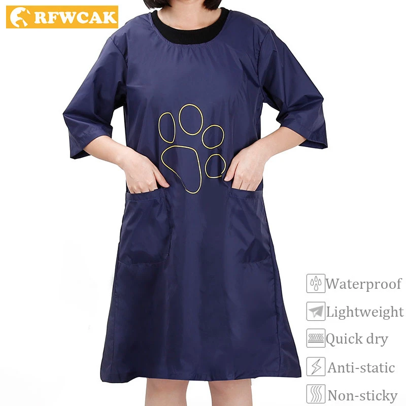 

RFWCAK Half Sleeve Anti-static Pet Beautician Work Clothes Apron For Dog Cat Hairdressing Grooming Pet Store Beauty Robe Dress