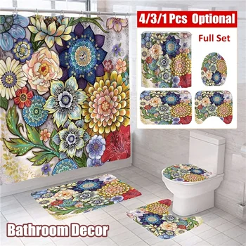 

1/3/4 Pcs Floral Pattern Bathroom Shower Curtain Set Anti-Slip Toilet Mats Set Mildew-proof Waterproof Bathroom Pedestal Rug Lid
