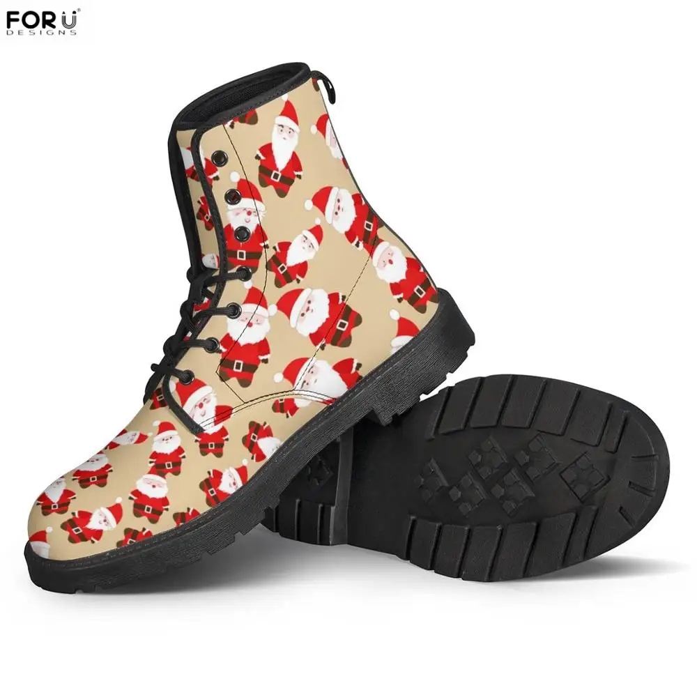 

FORUDESIGNS Santa Claus Merry Christmas Print Winter Boots Woman Punk Motorcycle Boots Mujer Ankle Round Toe Autumn Lace Up Shoe
