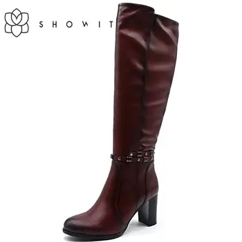 

Red wine Women’s Knee High Boots winter 2019 Fashion Rivet Strap Lady’s Boots High-heel PU Basic Footwear Zipper style hoof heel