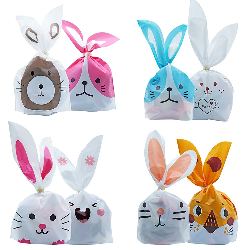 Lote de 10/50 bolsas de plástico para orejas de conejo, bolsas de plástico para galletas y dulces, paquetes para hornear aperitivos y suministros para fiestas y eventos